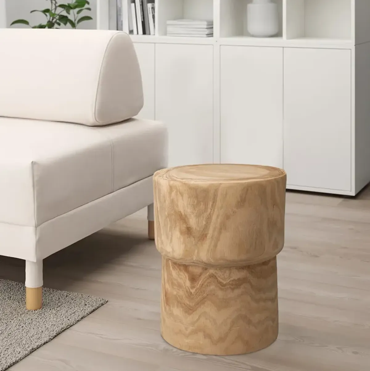 18 Inch Modern Side End Table, Round Surface, Paulownia Wood, Natural-Benzara