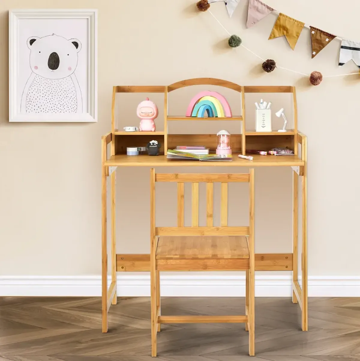 Bamboo Kids Study Desk and Chair Set with Bookshelf