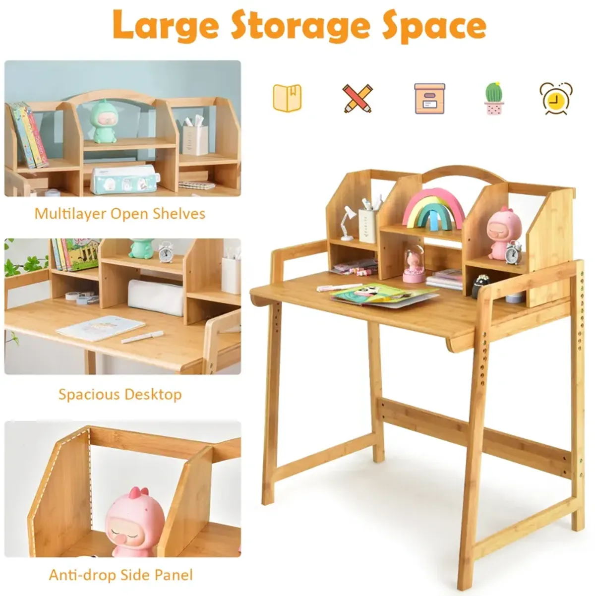 Bamboo Kids Study Desk and Chair Set with Bookshelf