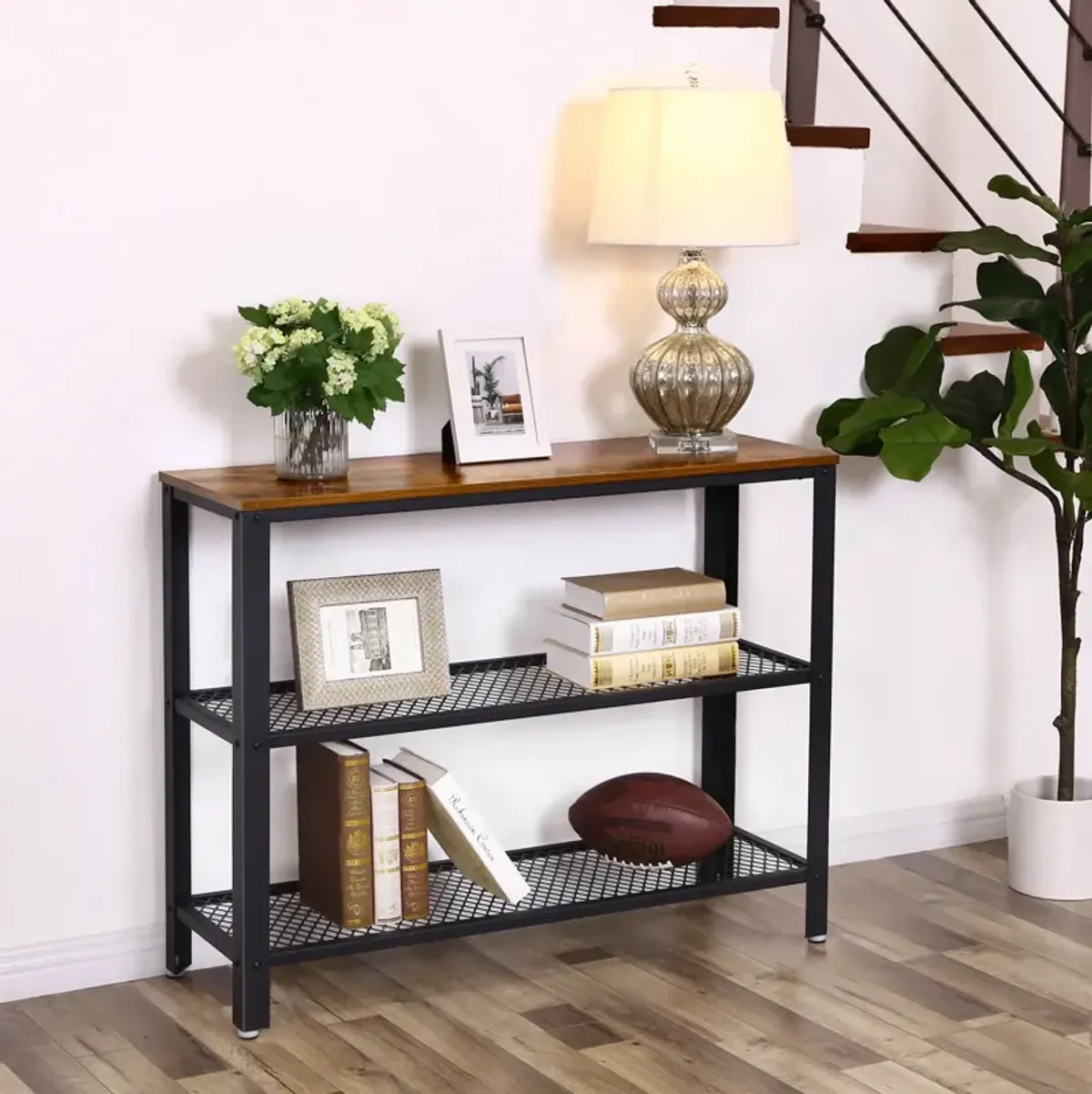 Industrial Console Table, Hallway Table with 2 Mesh Shelves