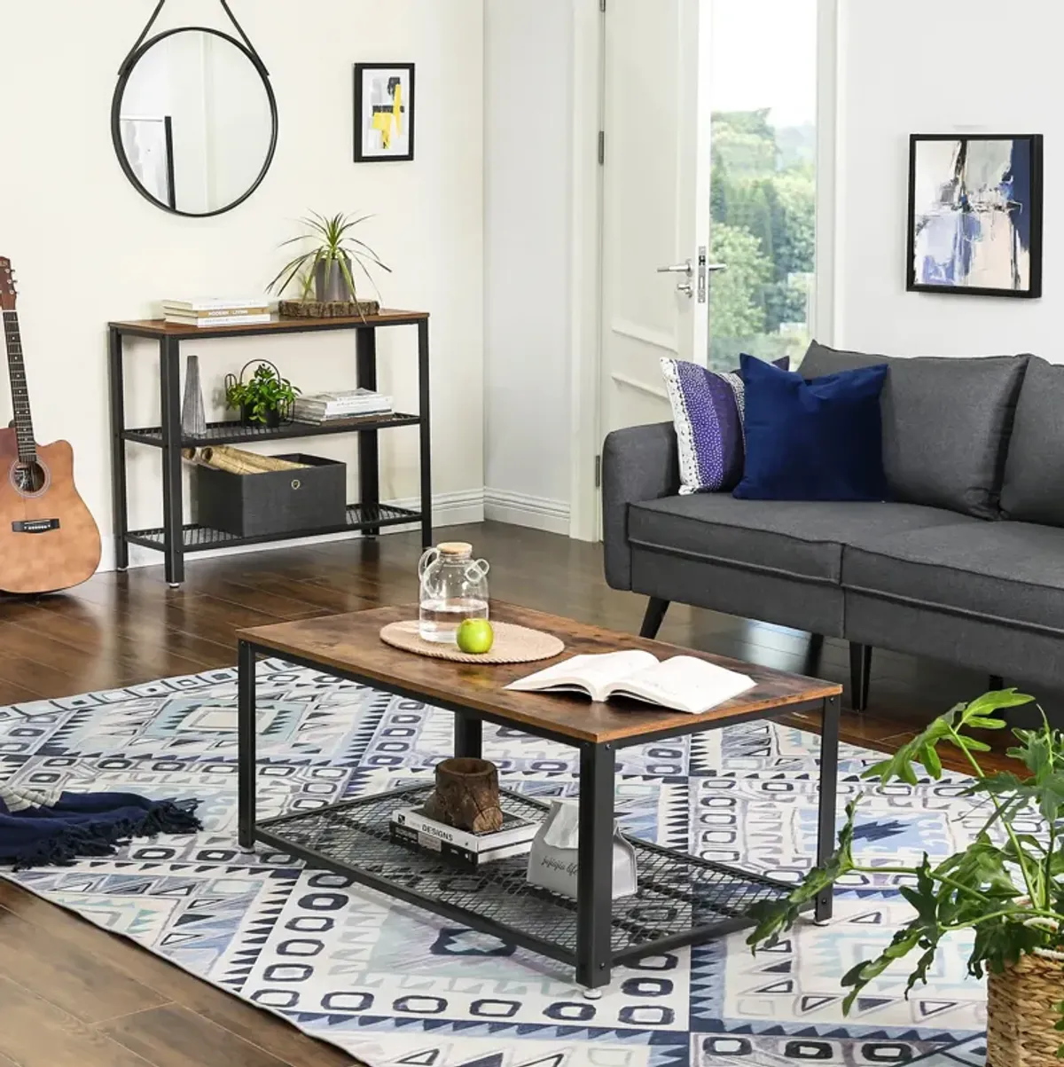 Industrial Console Table, Hallway Table with 2 Mesh Shelves