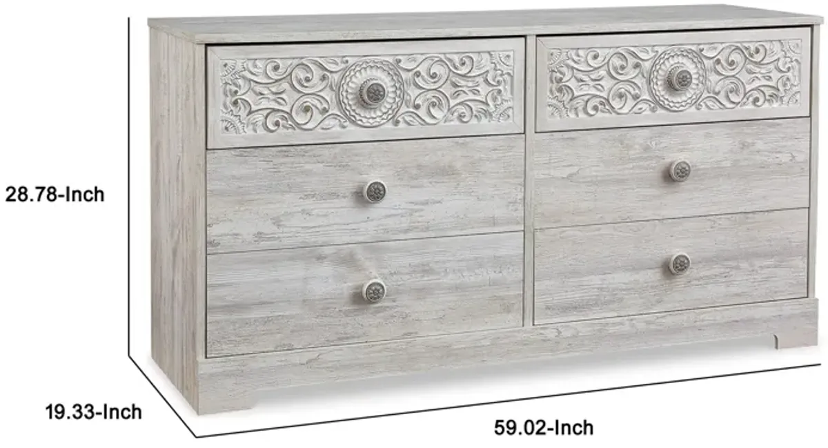 59 Inch Dresser, 6 Drawers, Medallion Design Front, Whitewashed MDF Frame-Benzara