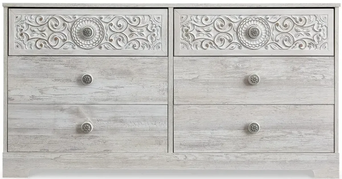 59 Inch Dresser, 6 Drawers, Medallion Design Front, Whitewashed MDF Frame-Benzara