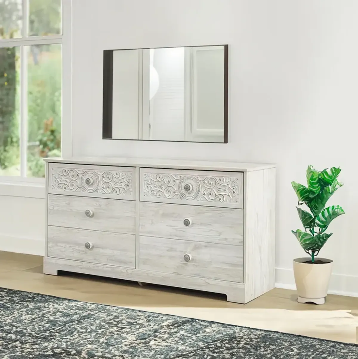 59 Inch Dresser, 6 Drawers, Medallion Design Front, Whitewashed MDF Frame-Benzara