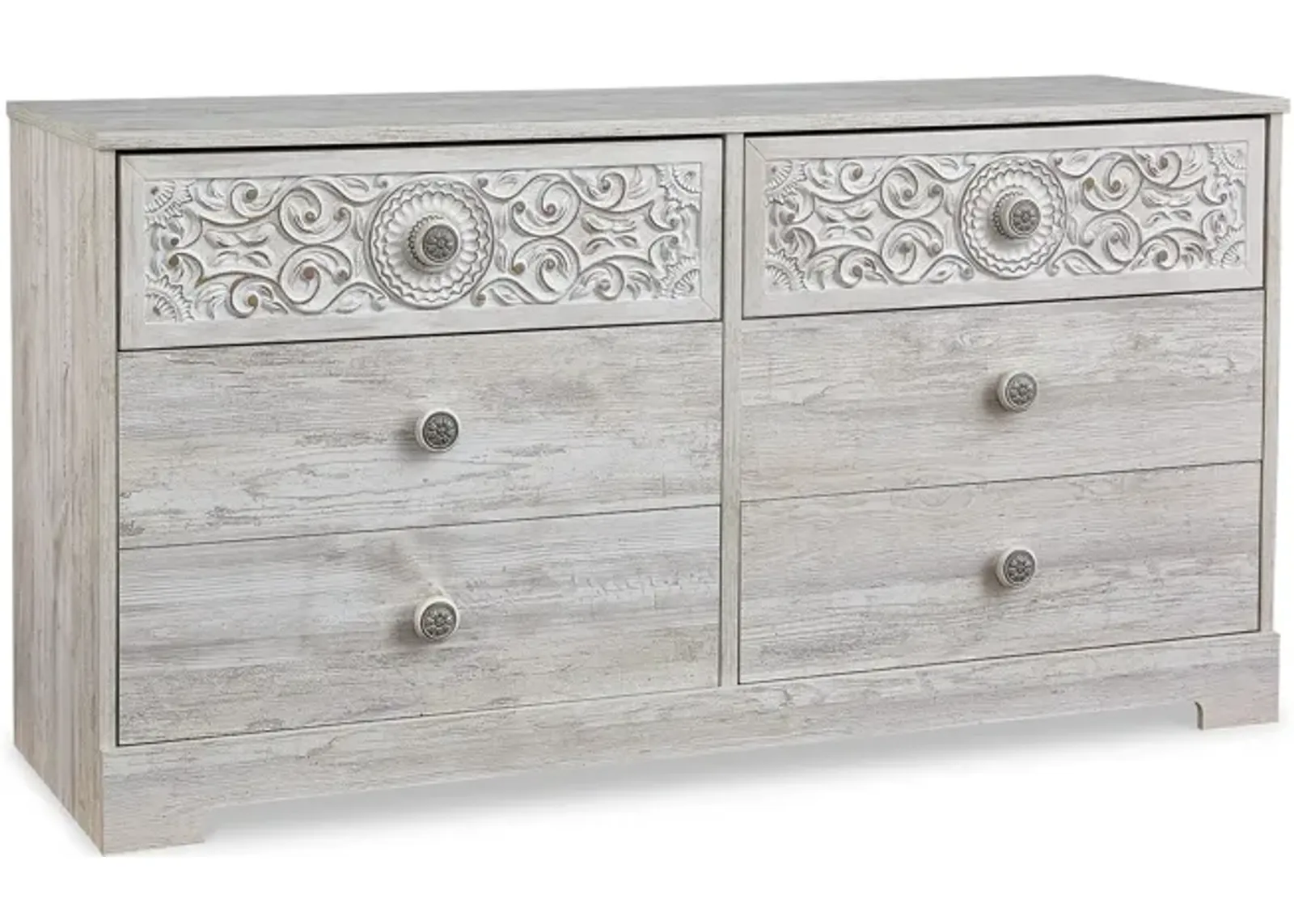 59 Inch Dresser, 6 Drawers, Medallion Design Front, Whitewashed MDF Frame-Benzara