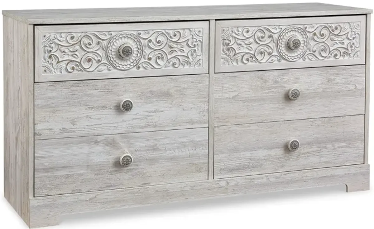 59 Inch Dresser, 6 Drawers, Medallion Design Front, Whitewashed MDF Frame-Benzara