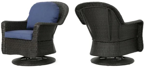 Kaia Outdoor Swivel Accent Chair Set of 2, Rattan Wicker Weave, Blue - Benzara