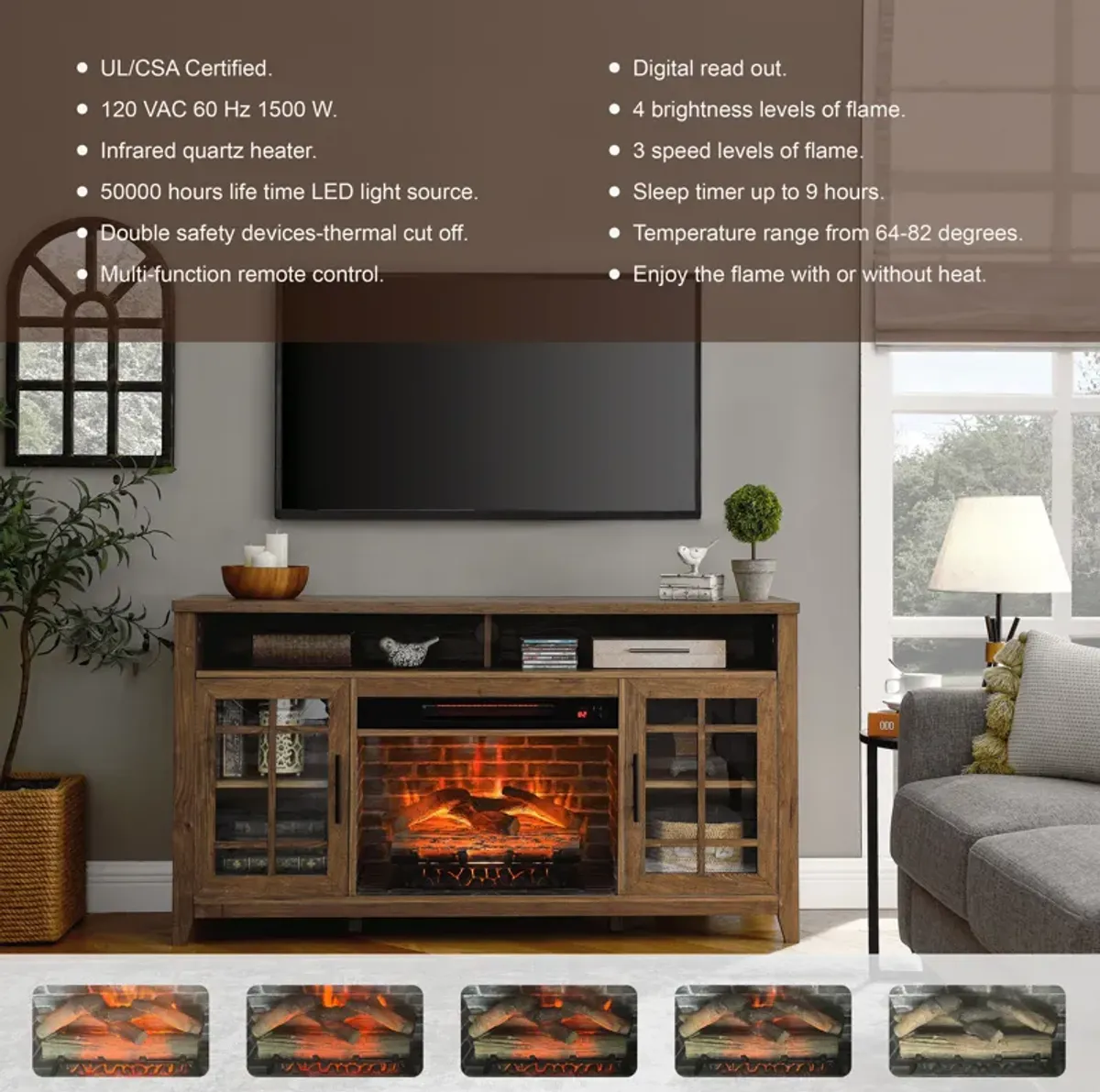 Streamdale 55" Media Stand with Fireplace, Barnwood Color