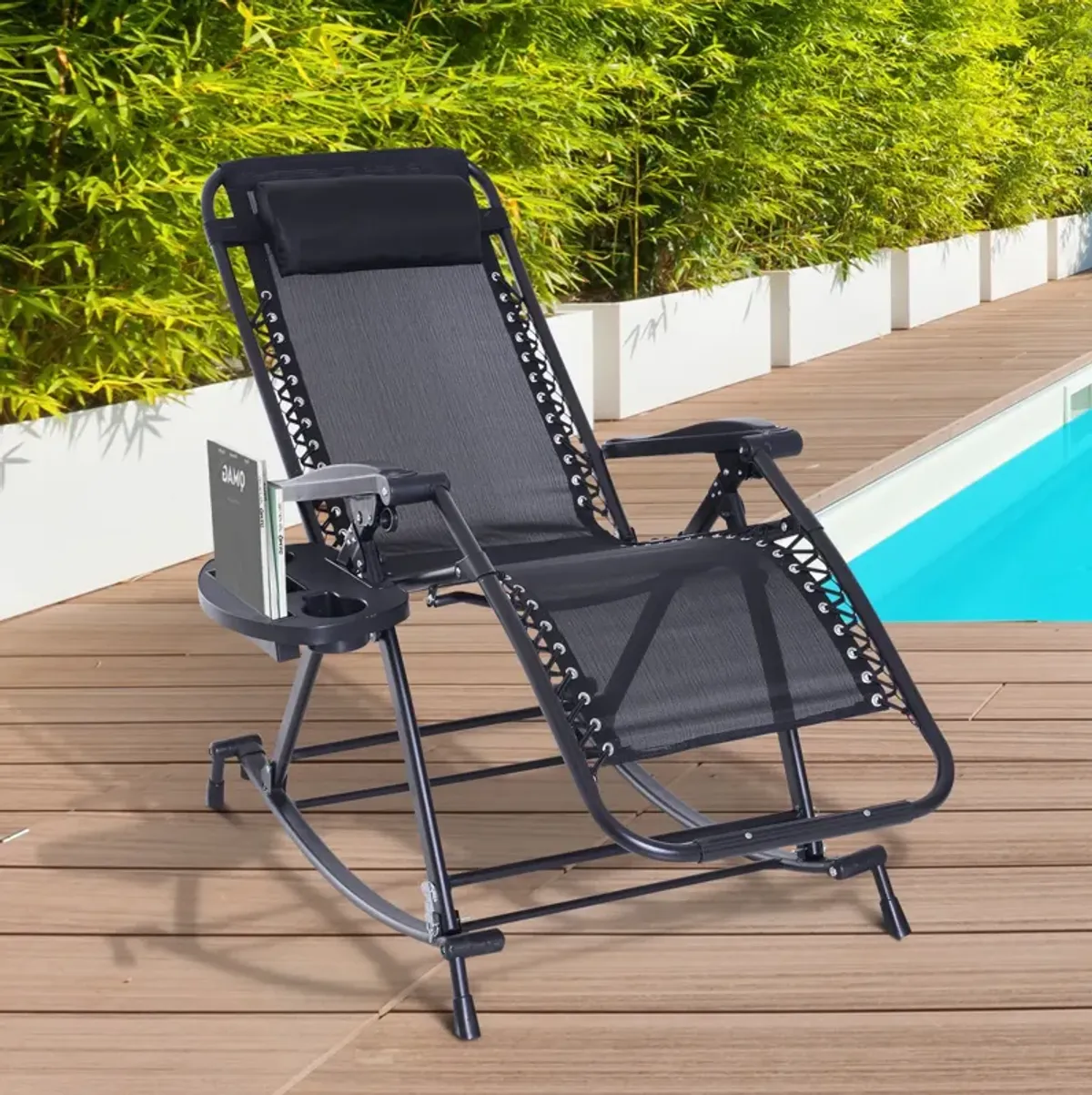 Outdoor Comfort Plus: Zero Gravity Rocking Chair with Headrest & Tray