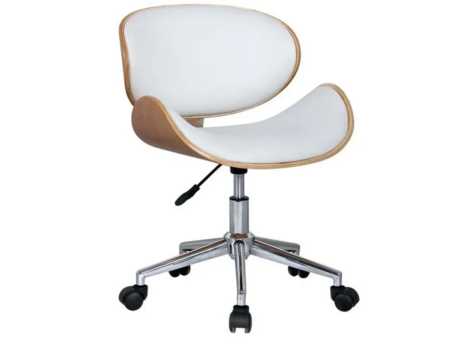 23 Inch Swivel Office Chair, Curved Wood Seat and Back, White Faux Leather - Benzara