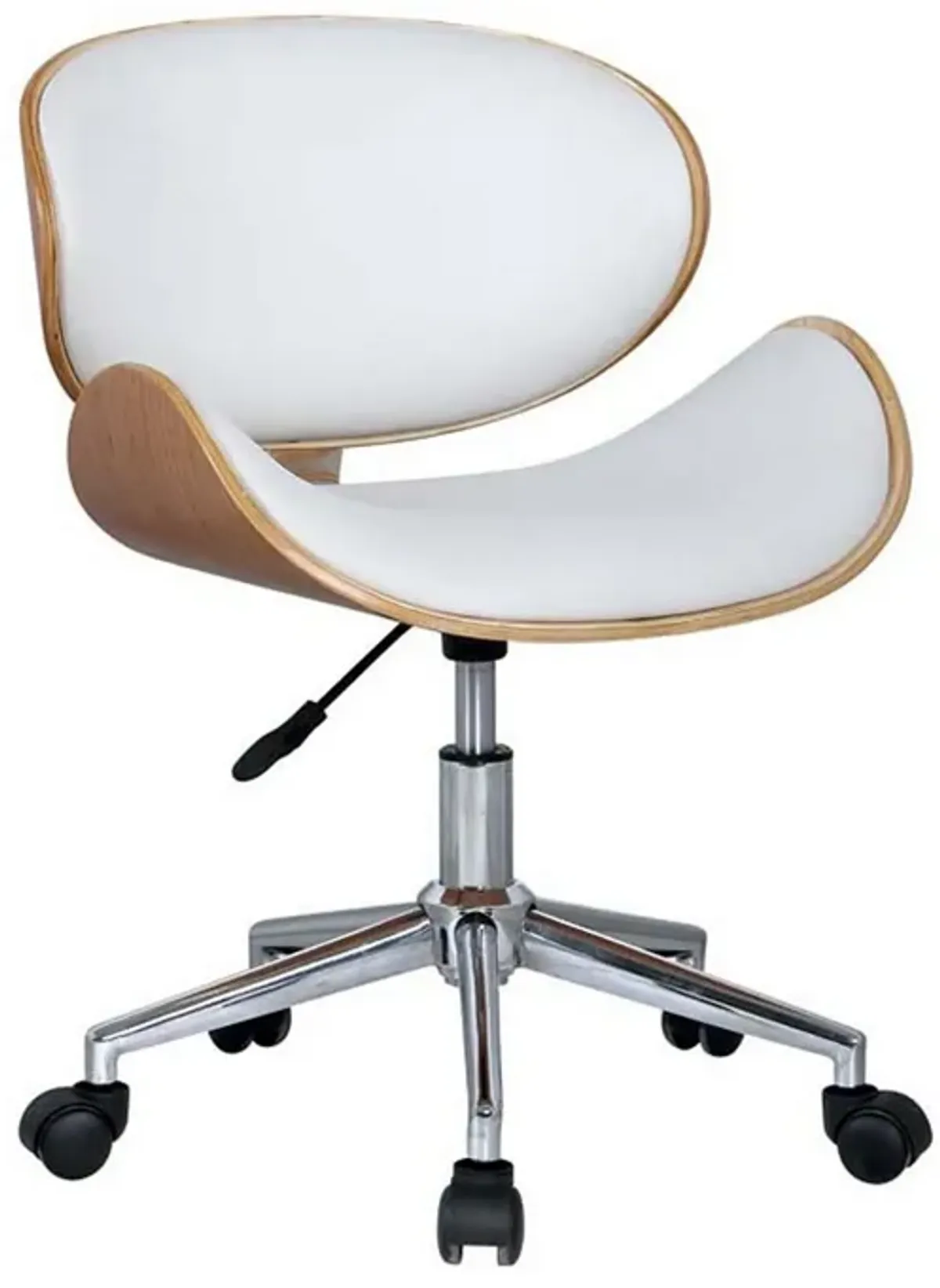 23 Inch Swivel Office Chair, Curved Wood Seat and Back, White Faux Leather - Benzara