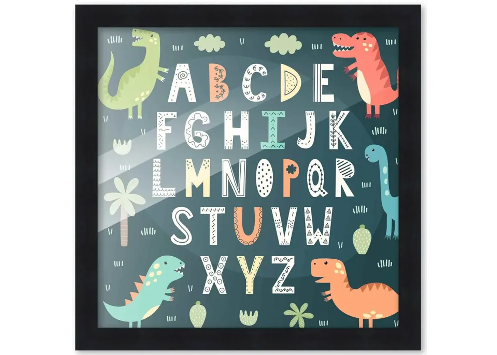 10x10 Framed Nursery Wall Art Hand Drawn Dinosaur ABC Poster In Black Wood Frame For Kid Bedroom or Playroom