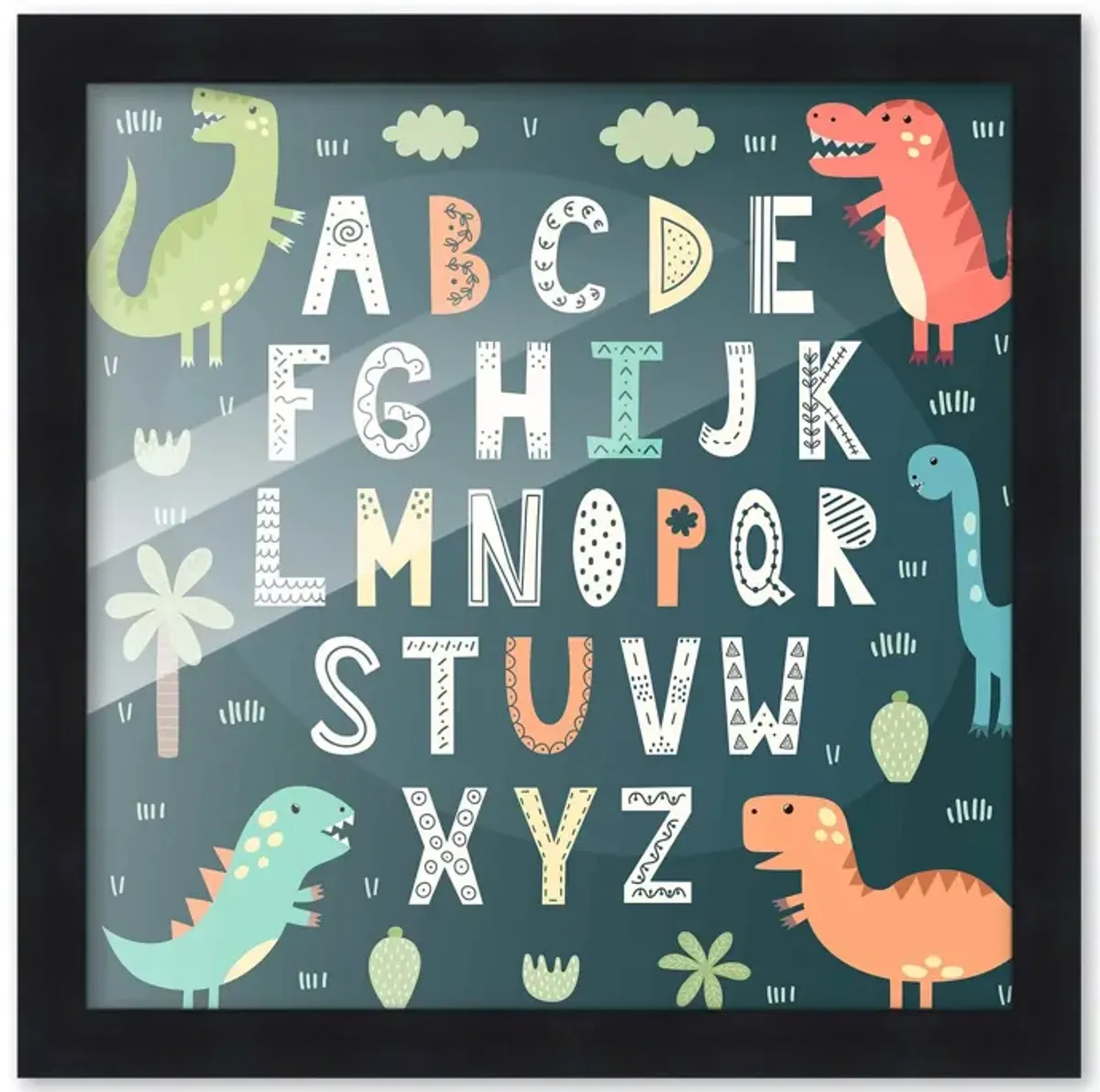 10x10 Framed Nursery Wall Art Hand Drawn Dinosaur ABC Poster In Black Wood Frame For Kid Bedroom or Playroom