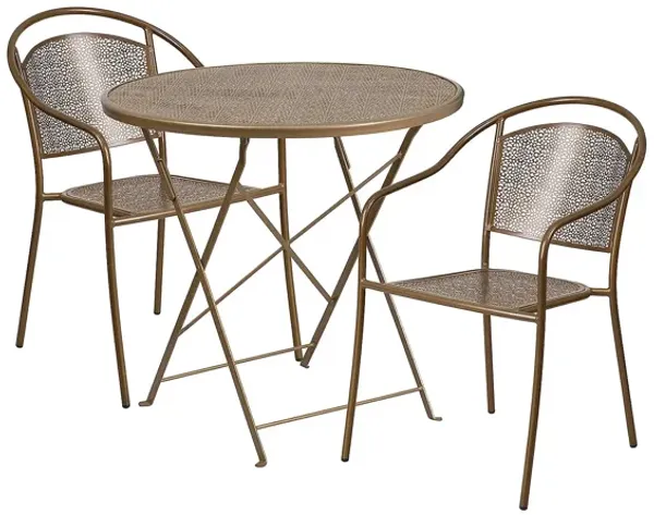 Flash Furniture Commercial Grade 30" Round Gold Indoor-Outdoor Steel Folding Patio Table Set with 2 Round Back Chairs