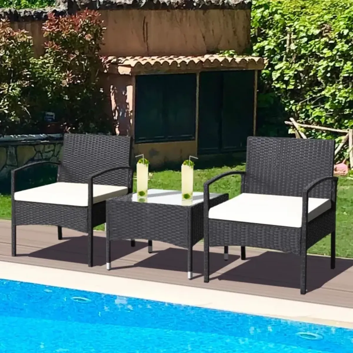 Hivvago 3 Pieces Patio Wicker Rattan Furniture Set with Cushions for Lawn Backyard