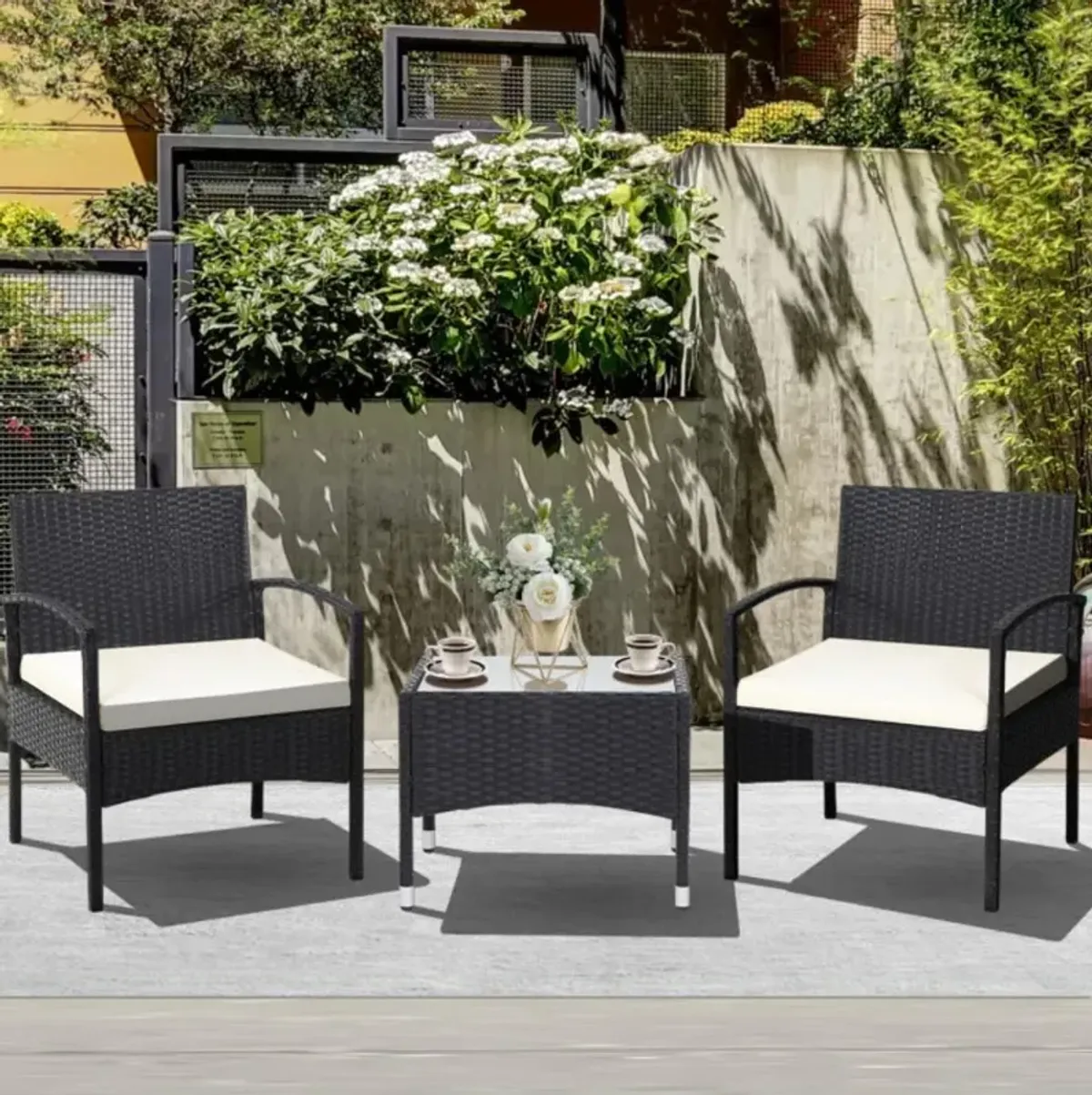 Hivvago 3 Pieces Patio Wicker Rattan Furniture Set with Cushions for Lawn Backyard