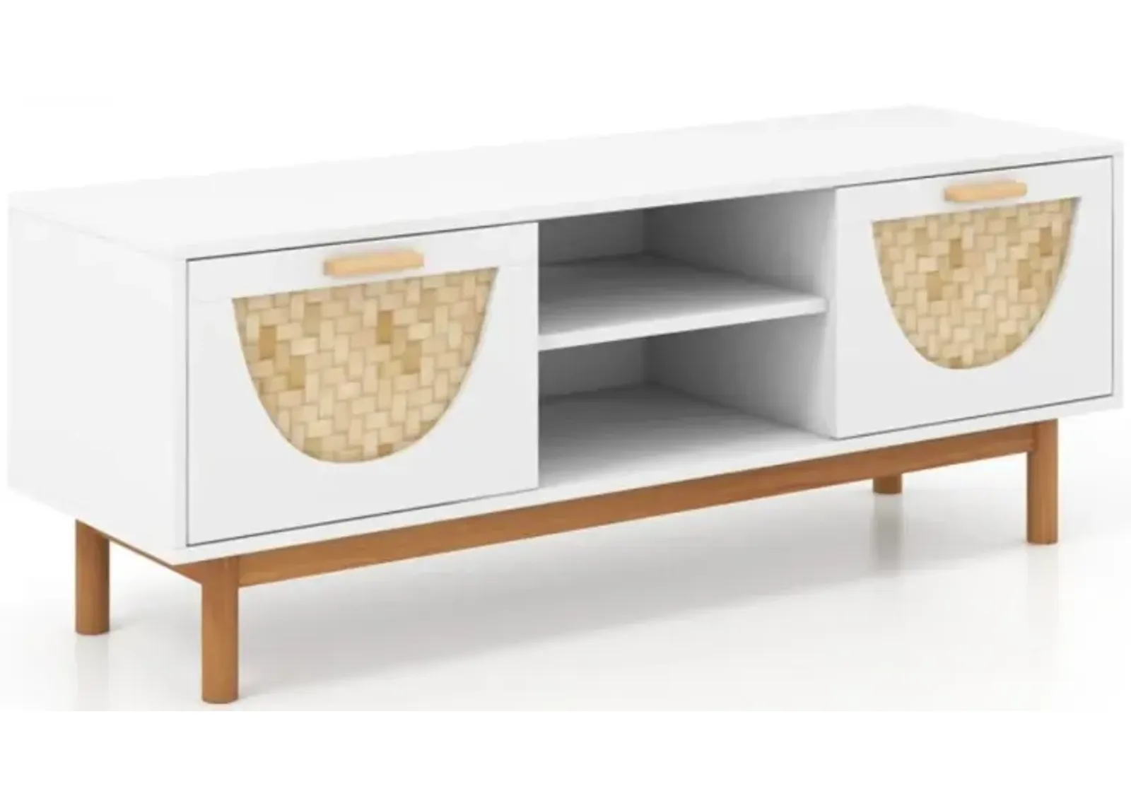 Hivvago Mid Century Modern TV Stand Entertainment Center for 55-Inch TV with 2 Drawers and Bamboo Woven Fronts-White