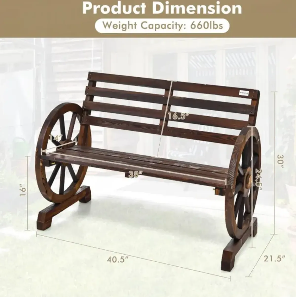 Hivvago 2-Person Outdoor Wooden Wagon Wheel Garden Bench-Brown