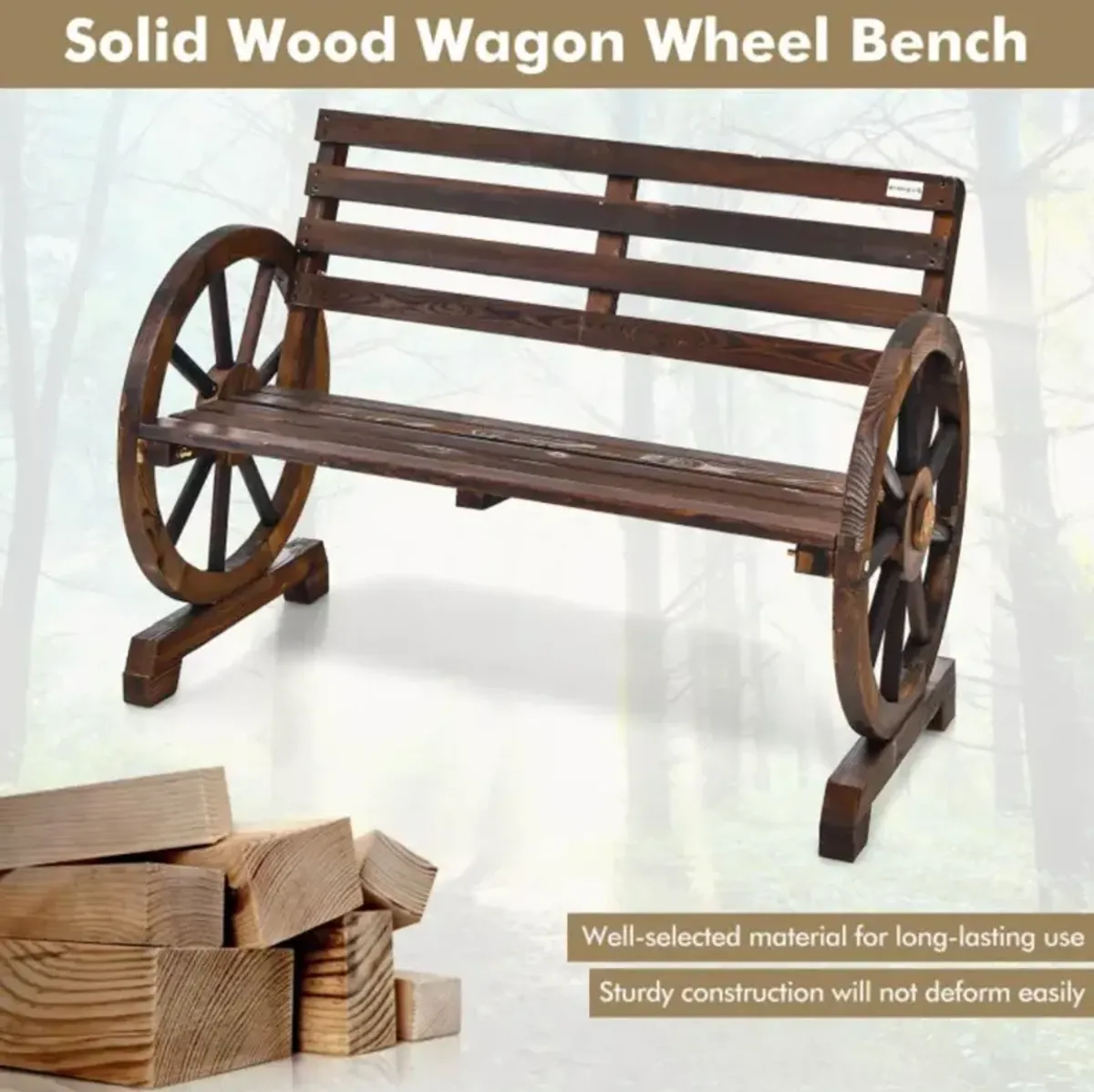 Hivvago 2-Person Outdoor Wooden Wagon Wheel Garden Bench-Brown