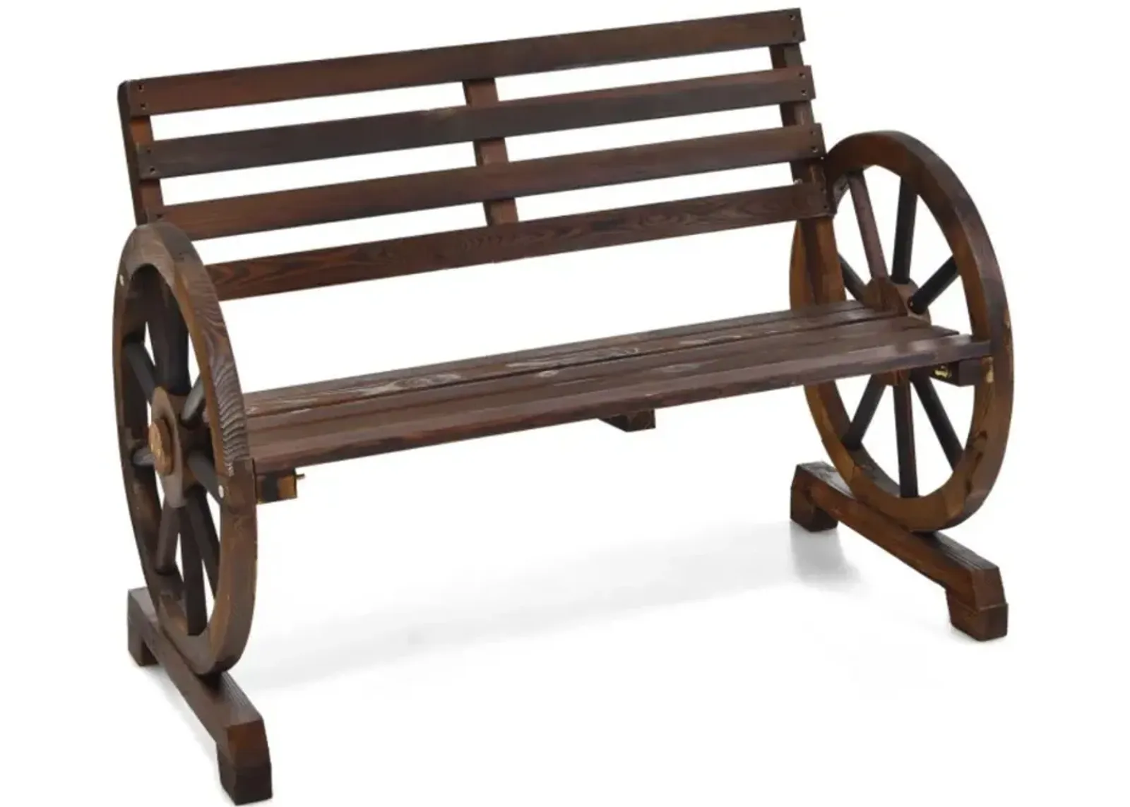 Hivvago 2-Person Outdoor Wooden Wagon Wheel Garden Bench-Brown