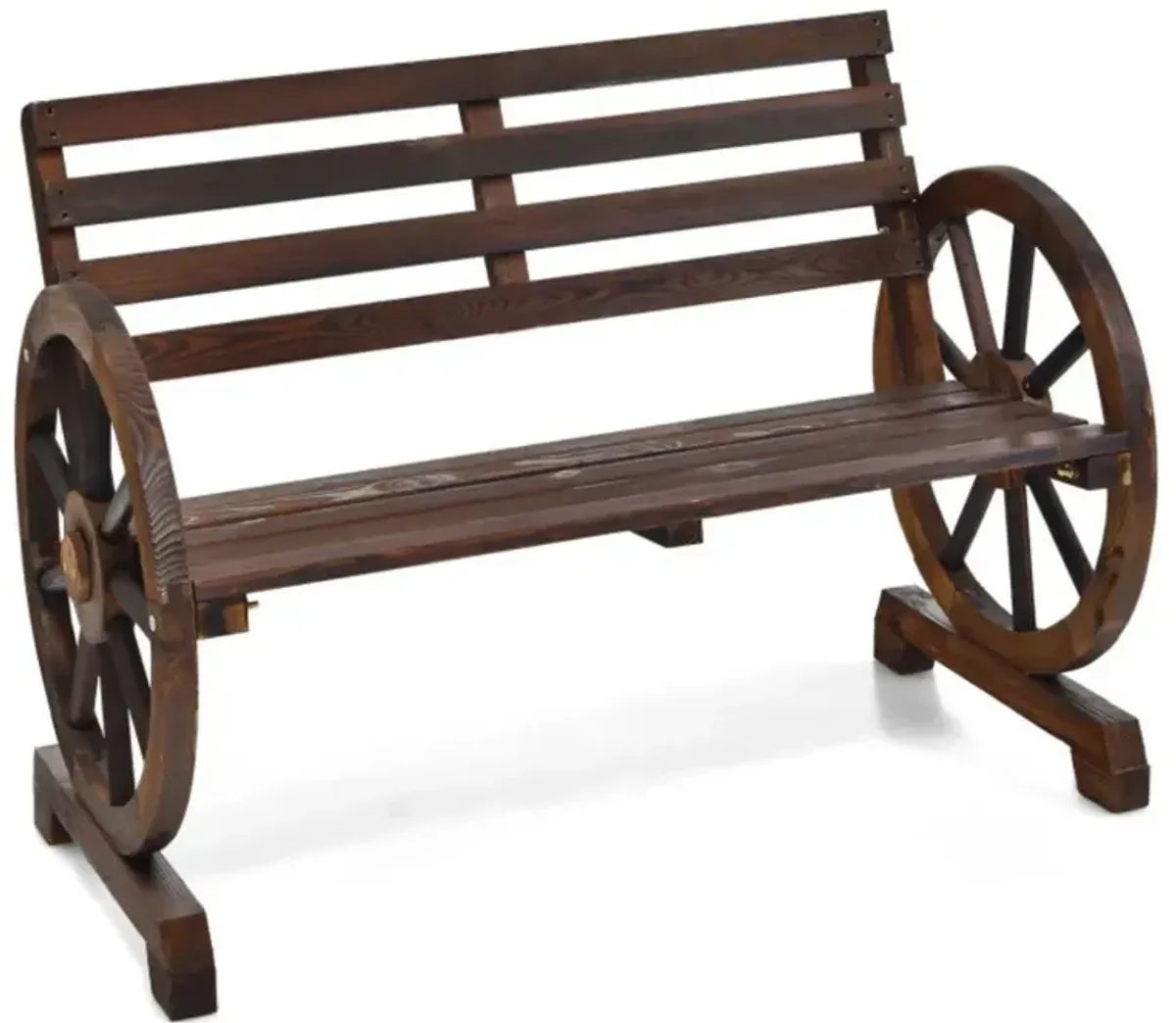 Hivvago 2-Person Outdoor Wooden Wagon Wheel Garden Bench-Brown