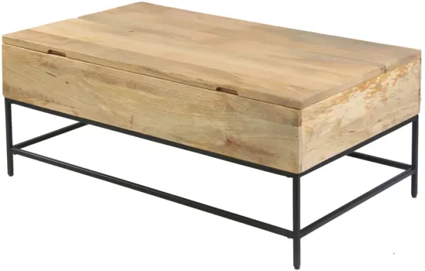 Audrey 45 Inch Handcrafted Mango Wood Coffee Table, Lift Top, Grain Details, Natural Brown, Black-Benzara