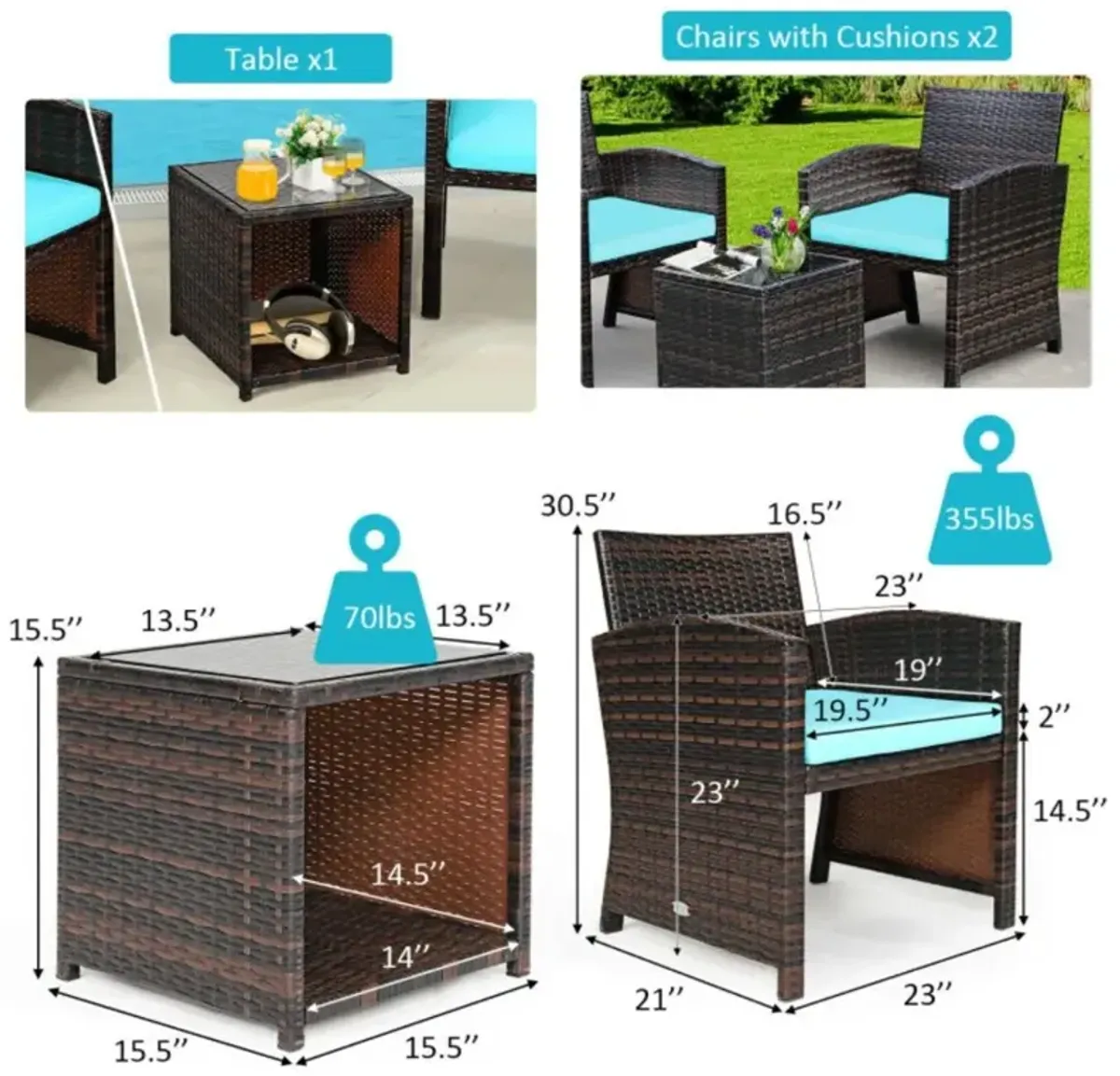 Hivvago 3 Pieces PE Rattan Wicker Furniture Set with Cushion Sofa Coffee Table for Garden