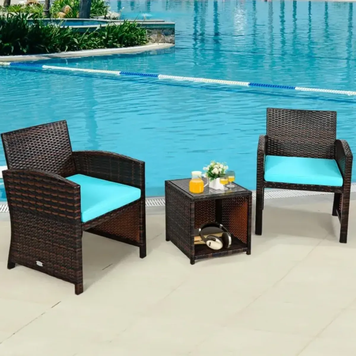 Hivvago 3 Pieces PE Rattan Wicker Furniture Set with Cushion Sofa Coffee Table for Garden