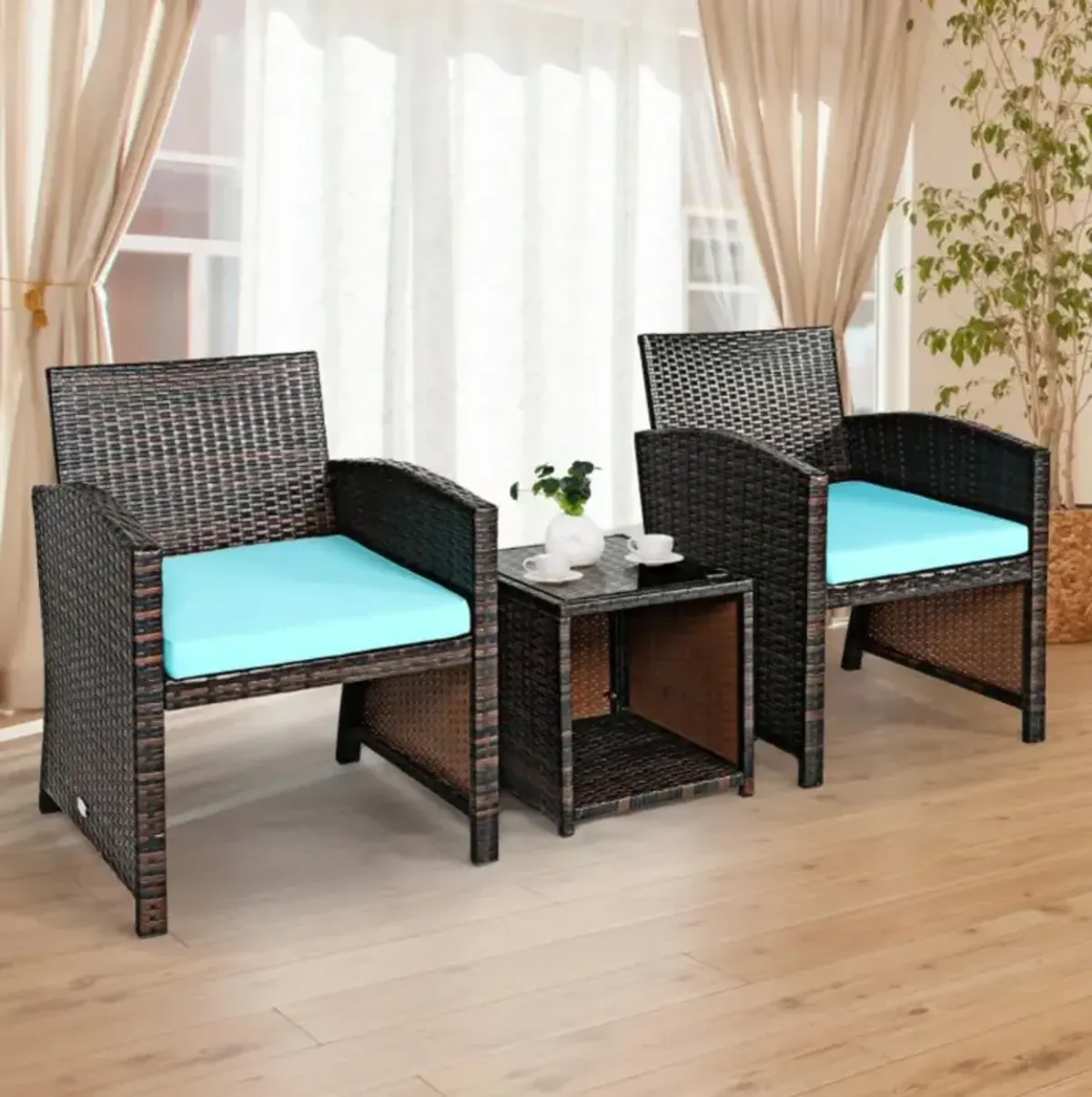 Hivvago 3 Pieces PE Rattan Wicker Furniture Set with Cushion Sofa Coffee Table for Garden