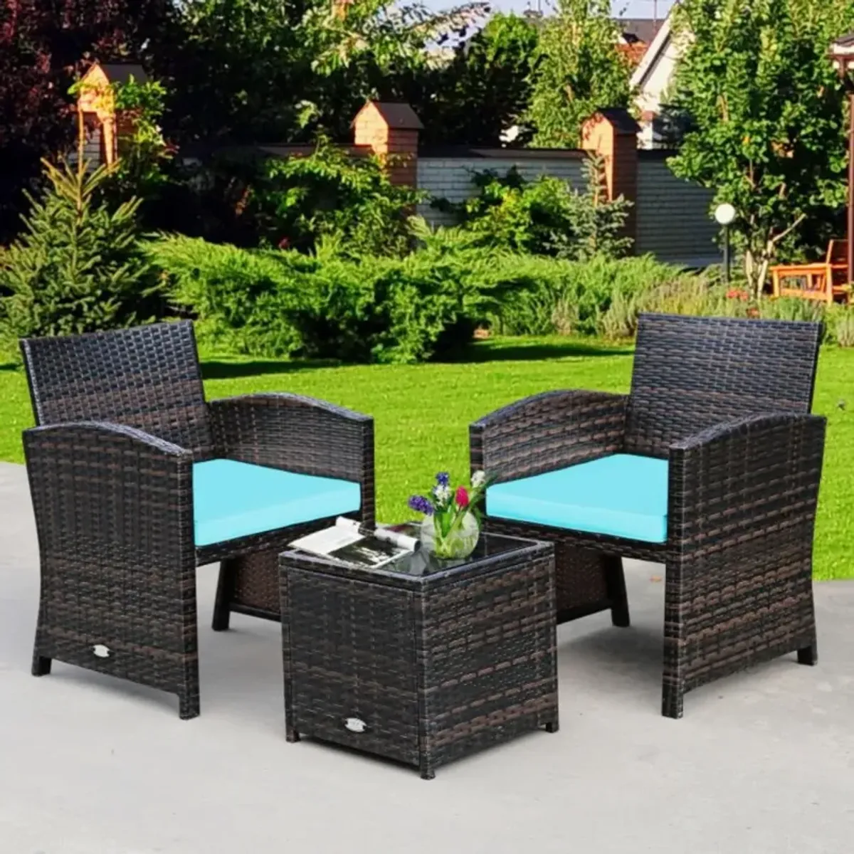 Hivvago 3 Pieces PE Rattan Wicker Furniture Set with Cushion Sofa Coffee Table for Garden