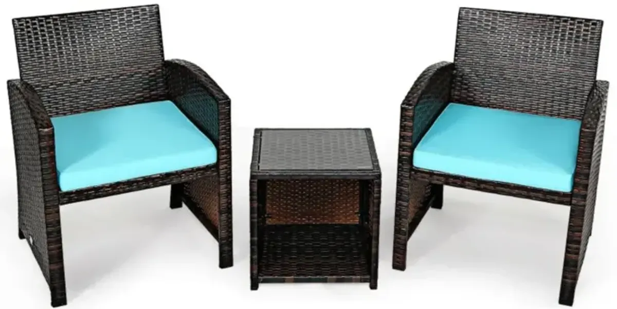 Hivvago 3 Pieces PE Rattan Wicker Furniture Set with Cushion Sofa Coffee Table for Garden