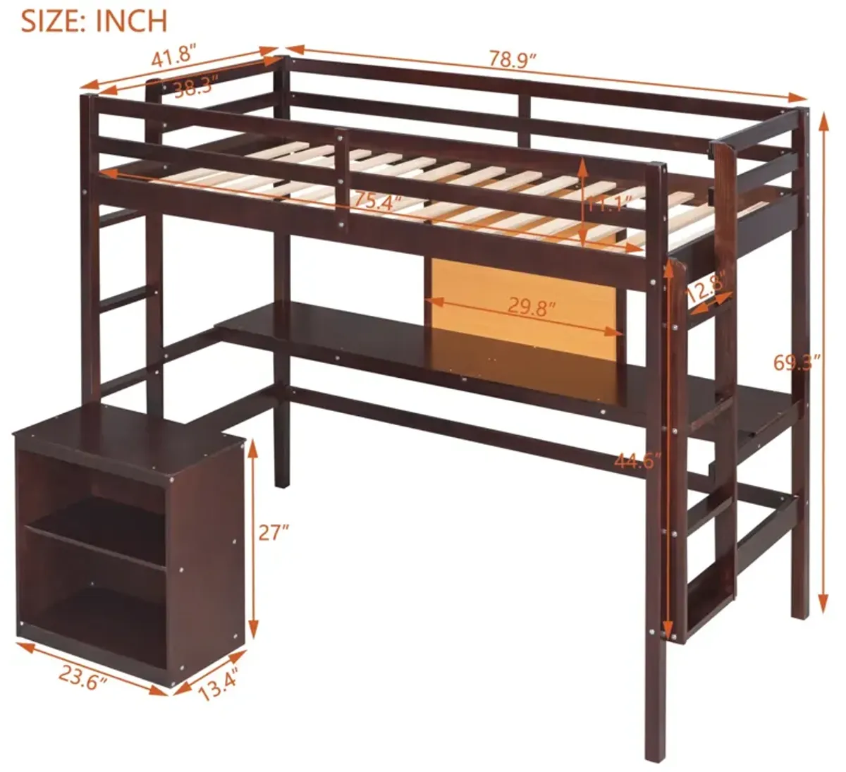 Twin Size Loft Bed With Desk And Writing Board, Wooden Loft Bed With Desk & 2 Drawers Cabinet