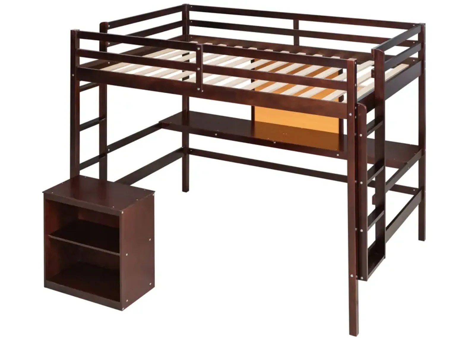 Twin Size Loft Bed With Desk And Writing Board, Wooden Loft Bed With Desk & 2 Drawers Cabinet