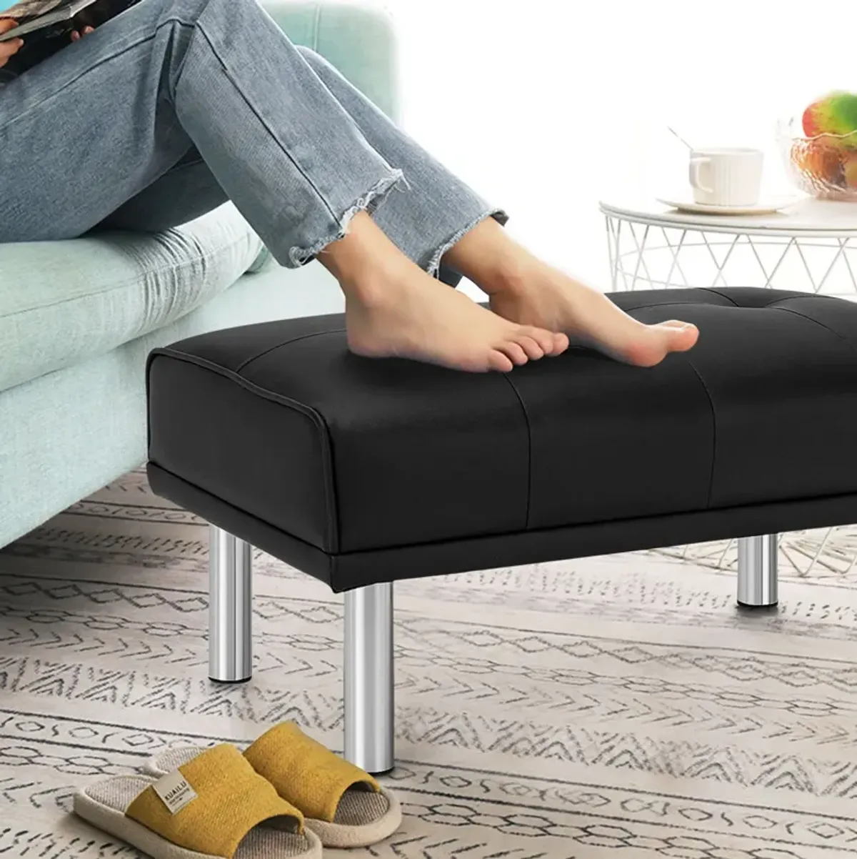 Rectangle Tufted Ottoman with Stainless Steel Legs for Living Room-Black