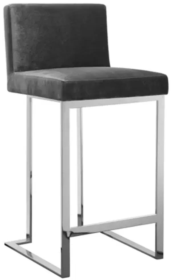 Boly 26 Inch Counter Height Chair, Gray Velvet, Foam Cushions, Chrome Steel - Benzara