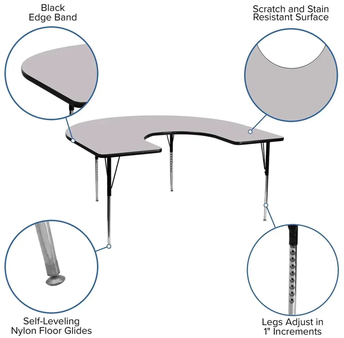 Flash Furniture 60''W x 66''L Horseshoe Grey Thermal Laminate Activity Table - Standard Height Adjustable Legs