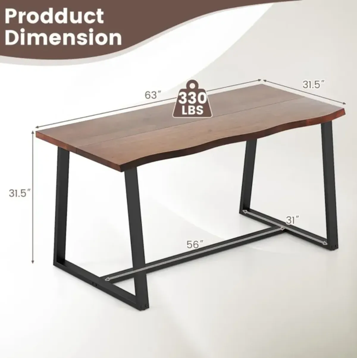 Hivvago 63" Large Dining Table with Wavy Edge and Heavy-duty Metal Frame