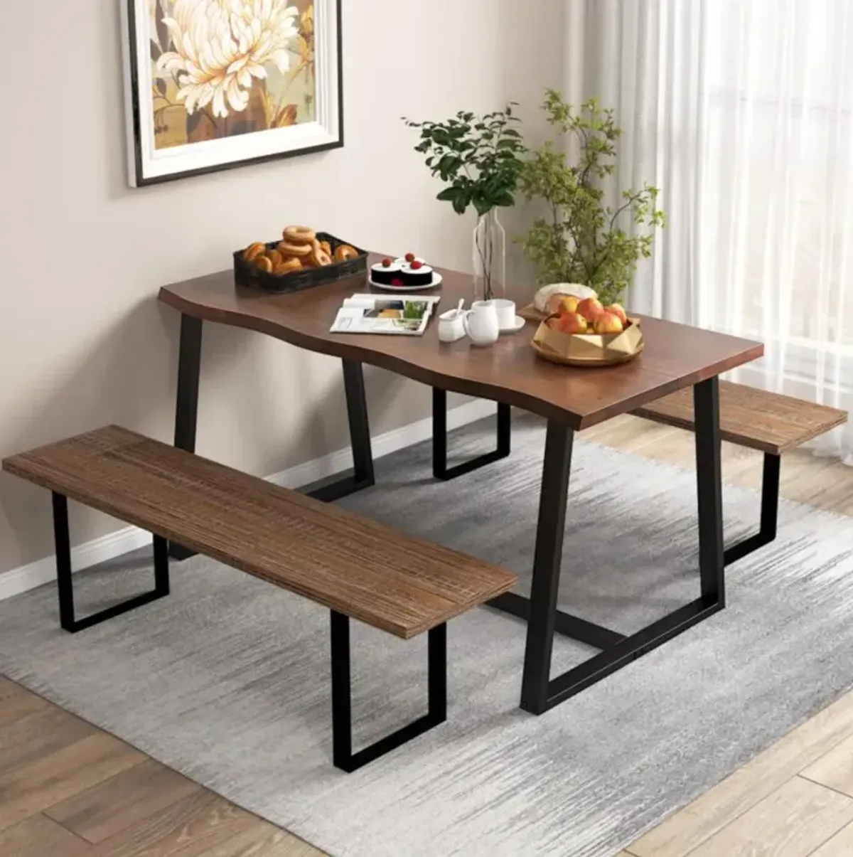 Hivvago 63" Large Dining Table with Wavy Edge and Heavy-duty Metal Frame