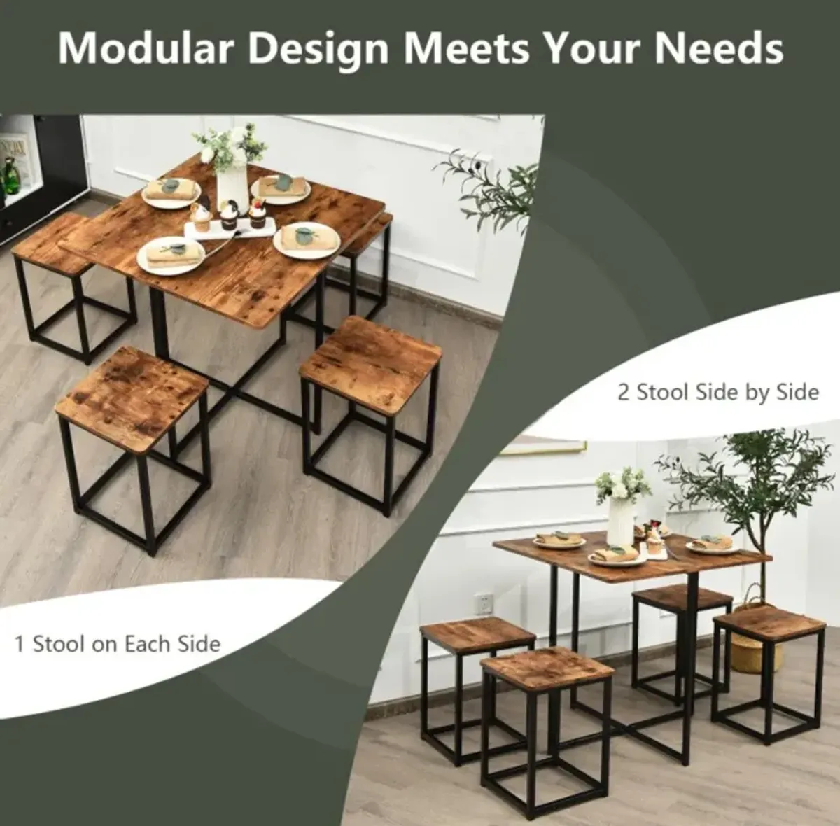 Hivvago 5 Pieces Metal Frame Dining Set with Compact Dining Table and 4 Stools