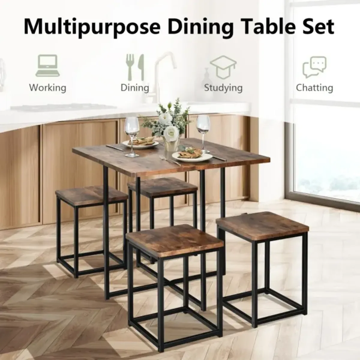 Hivvago 5 Pieces Metal Frame Dining Set with Compact Dining Table and 4 Stools