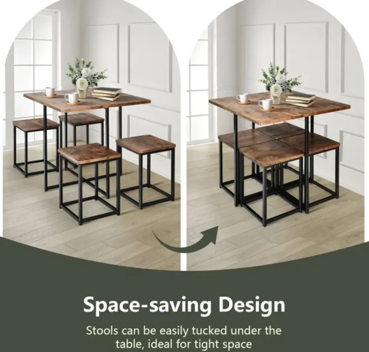 Hivvago 5 Pieces Metal Frame Dining Set with Compact Dining Table and 4 Stools