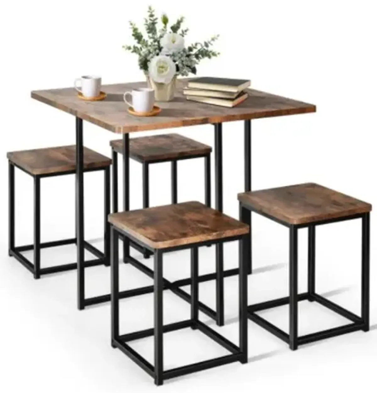 Hivvago 5 Pieces Metal Frame Dining Set with Compact Dining Table and 4 Stools