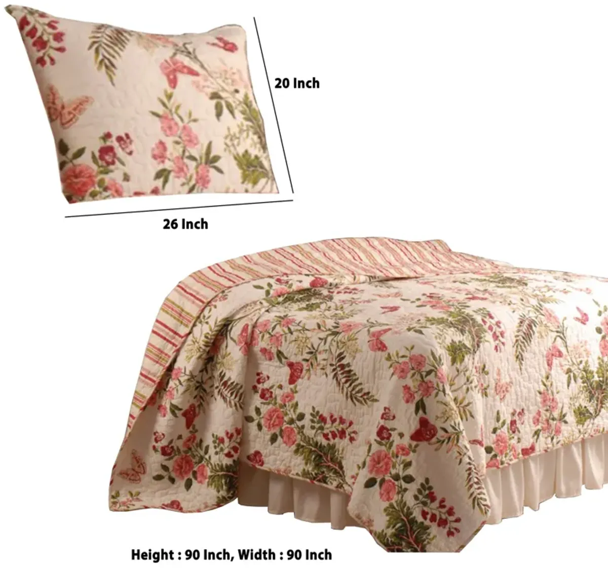 Atlanta Fabric 3 Piece Queen Size Quilt Set with Butterfly Print,Multicolor - Benzara