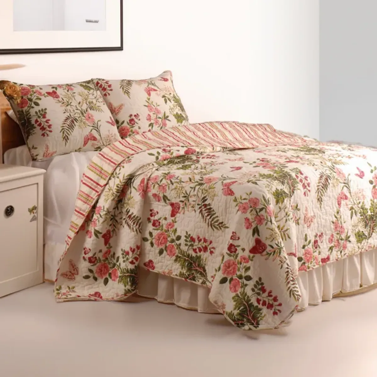 Atlanta Fabric 3 Piece Queen Size Quilt Set with Butterfly Print,Multicolor - Benzara