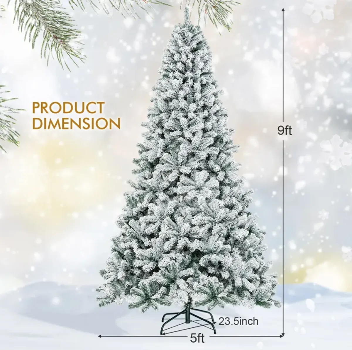 9 Feet Artificial Christmas Tree with Premium Snow Flocked Hinged