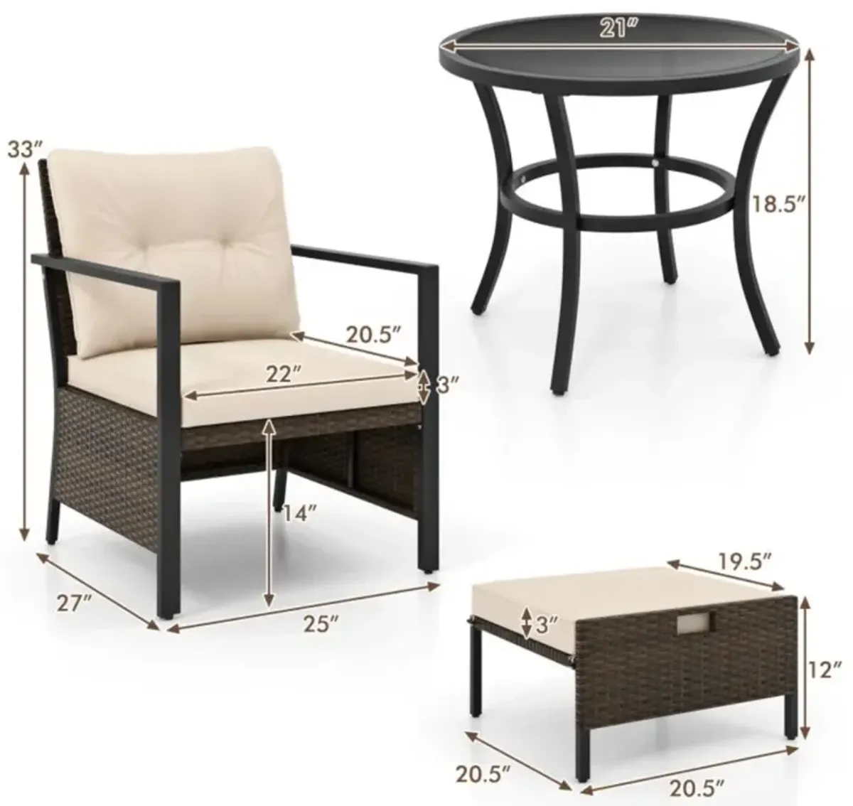 Hivvago 4 Piece Outdoor Furniture Set with Glass Topped Coffee Table