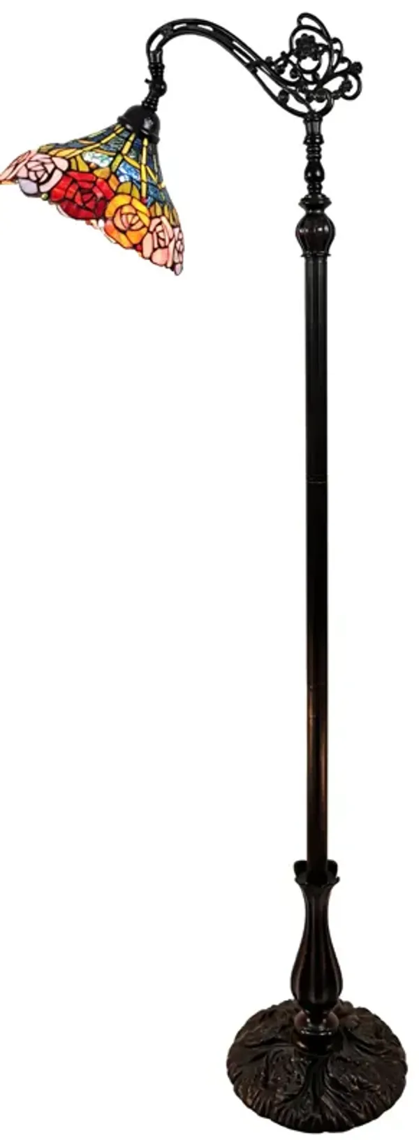 Hivvago 62" Brown Torchiere Floor Lamp With Blue and Yellow Flowers Glass Dome Shade