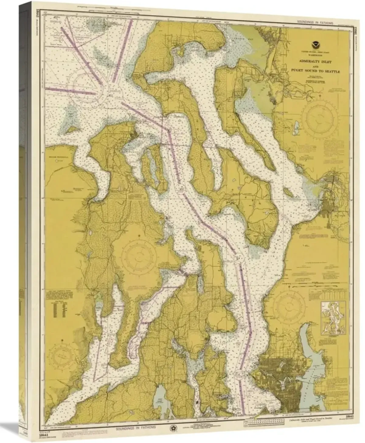 Nautical Chart - Admiralty Inlet and Puget Sound to Seattle ca. 1975 - Sepia Tinted-Canvas Art-23.7x30