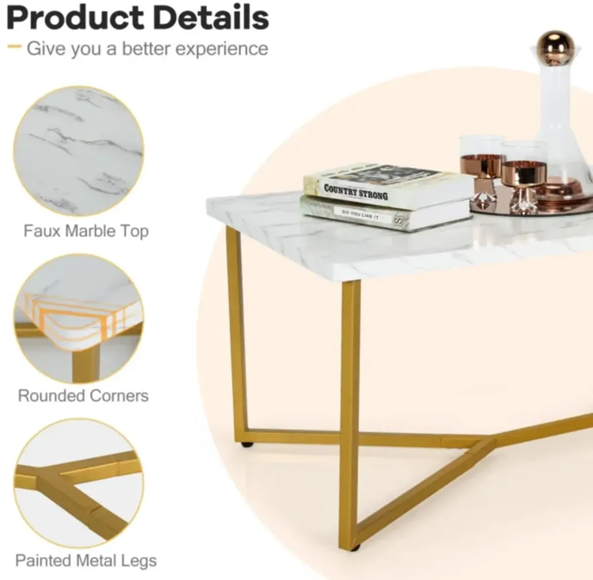 Hivvago White Faux Marble Coffee Table with Gold Finished Metal Frame