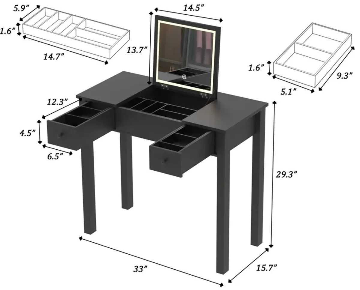 Elegant Black Vanity Table with LED Lights, Flip-Top Mirror and 2 Drawers, Jewelry Storage for Women Dressing